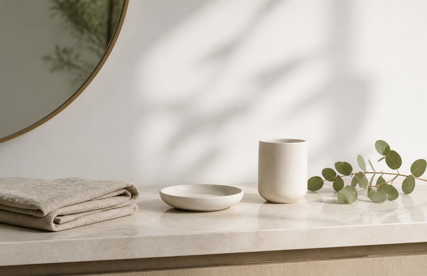 Bancada de banheiro clean com poucos produtos, representando uma rotina de skincare simplificada